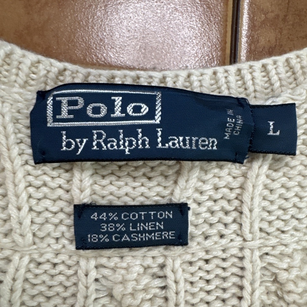 Polo Ralph Lauren Cricket Sweater Vest Sz L Mens Beige Linen Cashmere Cable Knit - Picture 3 of 5